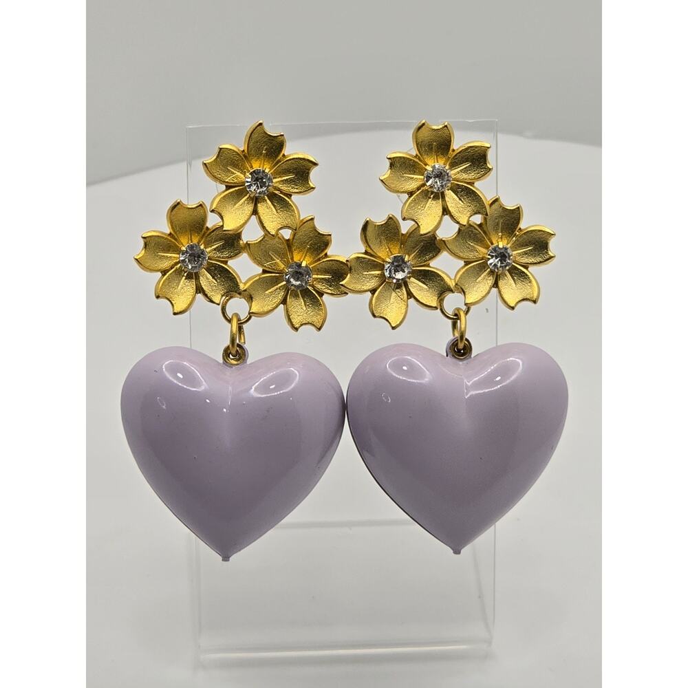 Valentine's Purple Puff Heart Dangle Earrings Gold Floral Trio Glass Stones